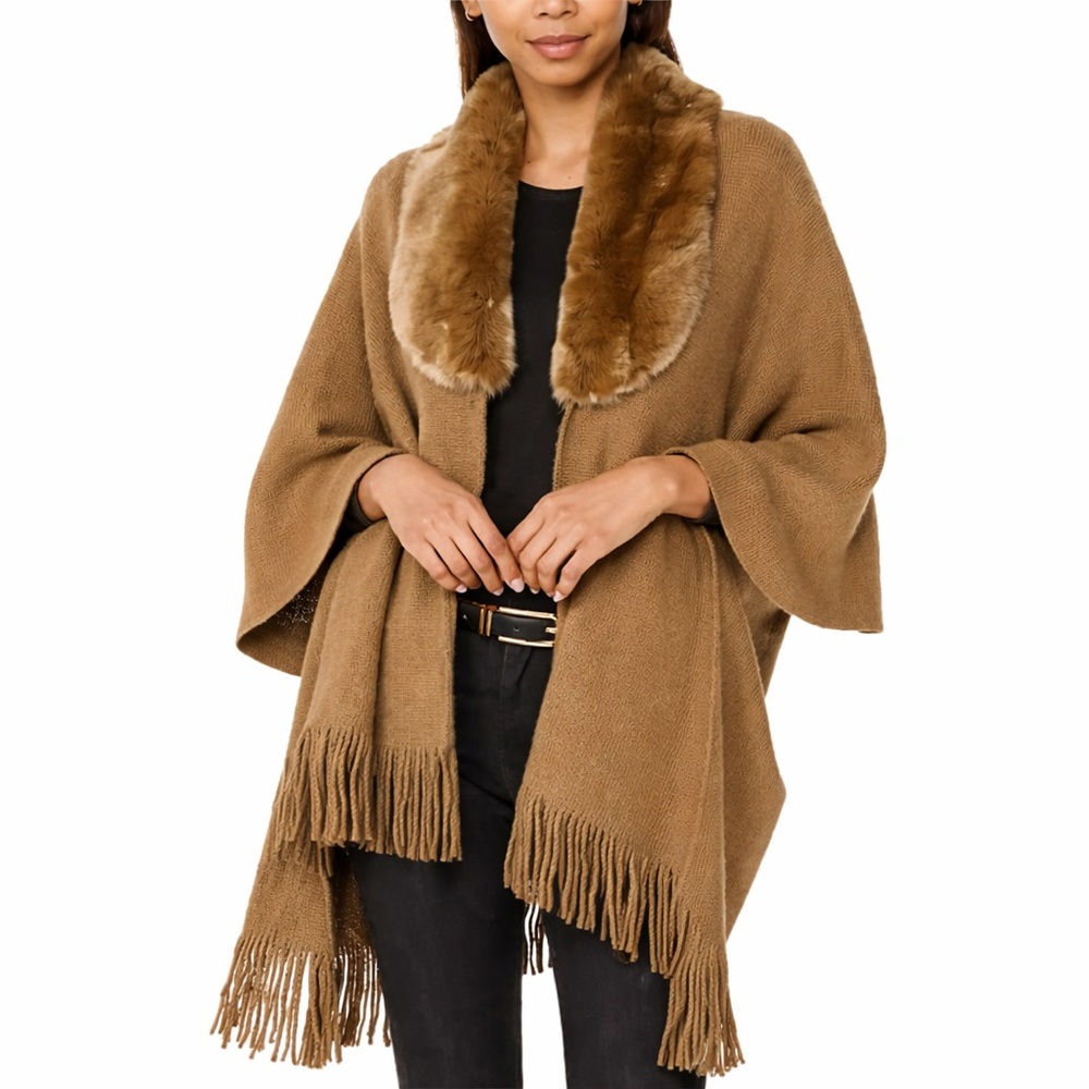 I.N.C international concepts Fringe Camel Wrap Poncho with Faux Fur Collar.R13B